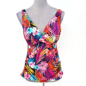 Catalina Swim Top Womens Large 12 14 Blue Red Floral Underwire Tankini Beach